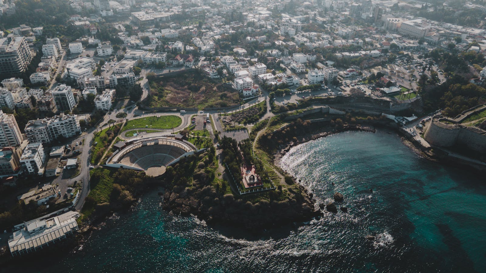 Aerial Shot of City Buildings and Body of Water